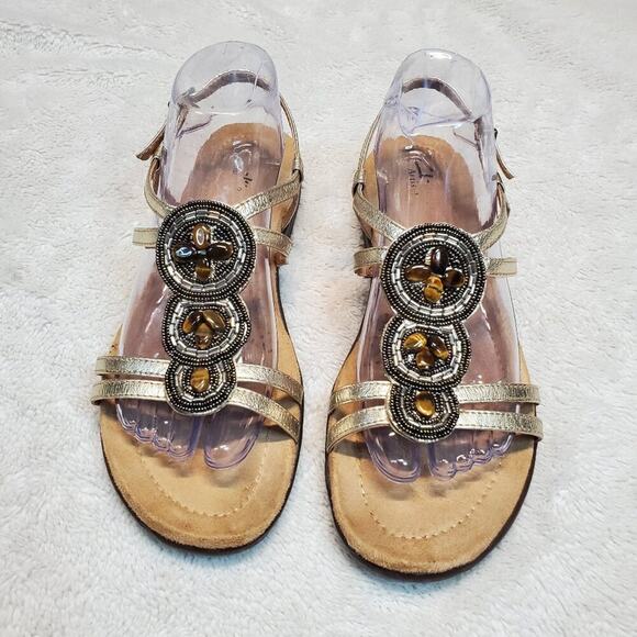 Clarks Artisan Poster Tulip Bohemian Beaded Metallic Gold Strappy Shoe Sandals 9 - Picture 1 of 10